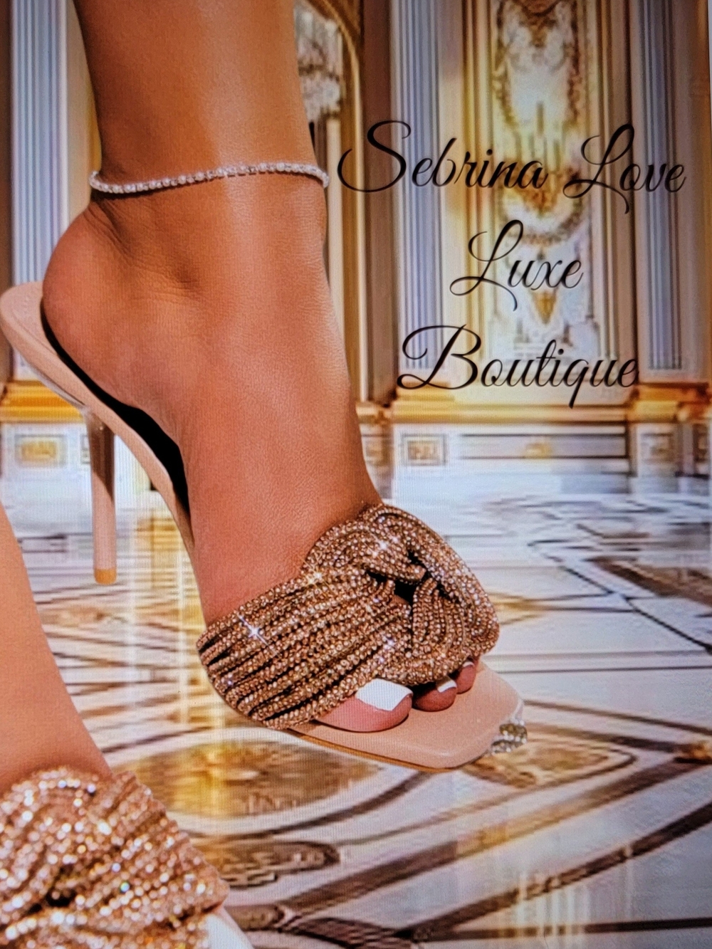 Brand New Sexy Rose Gold Nude Crystal Knot Slide Mule Heels